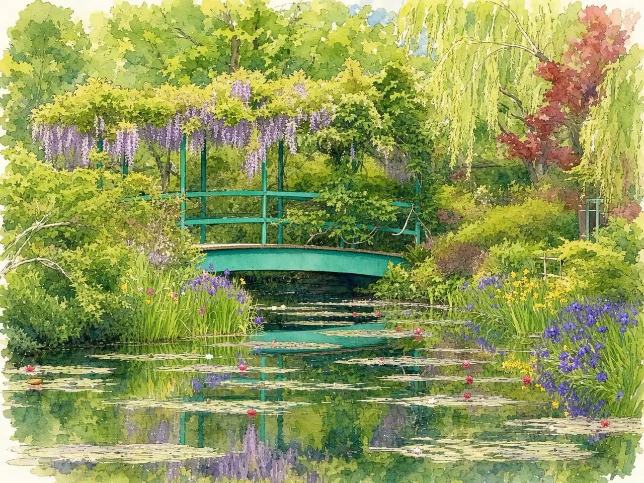 緑の橋と睡蓮の庭 — 撮影写真をもとにAIで水彩画調へ再構成