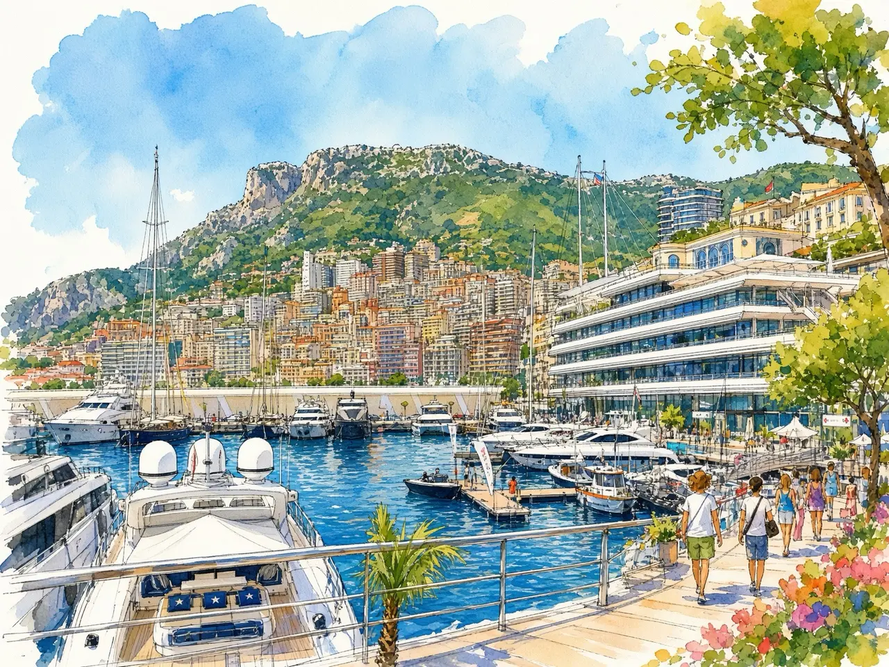モナコ、紺碧の港 — 撮影写真をもとにAIで水彩画調へ再構成