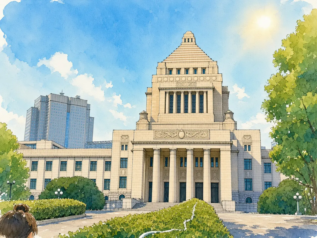 青空に立つ国会議事堂 — 撮影写真をもとにAIで水彩画調へ再構成