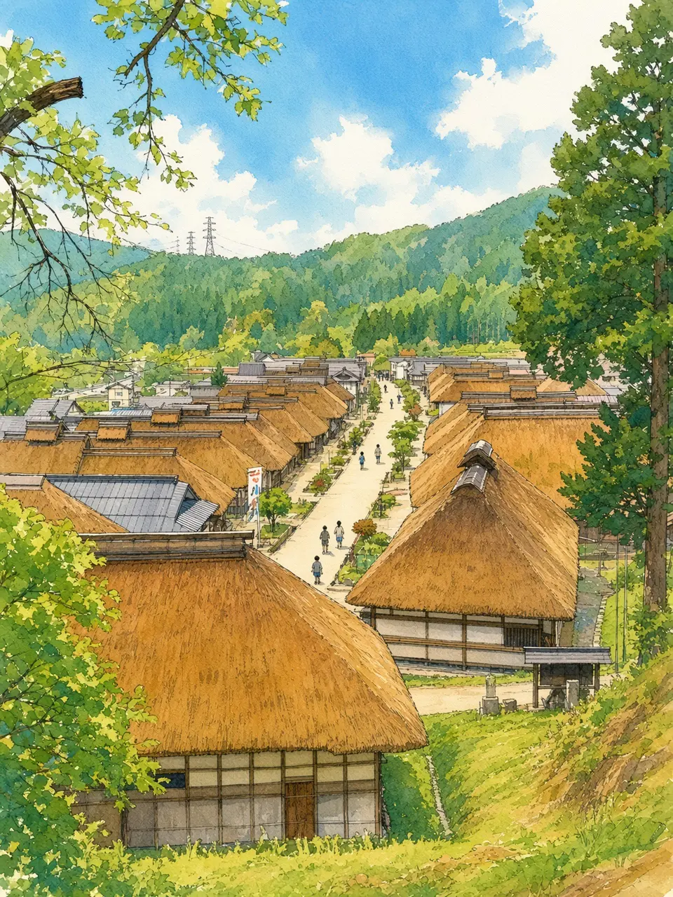 山里の合掌造り — 撮影写真をもとにAIで水彩画調へ再構成