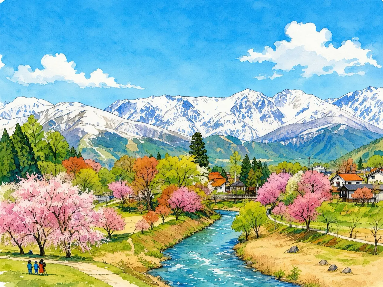 春色の山里 — 撮影写真をもとにAIで水彩画調へ再構成