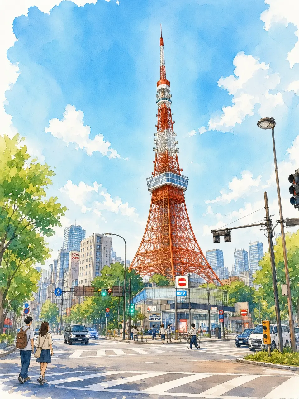 東京タワーのある街角 — 撮影写真をもとにAIで水彩画調へ再構成