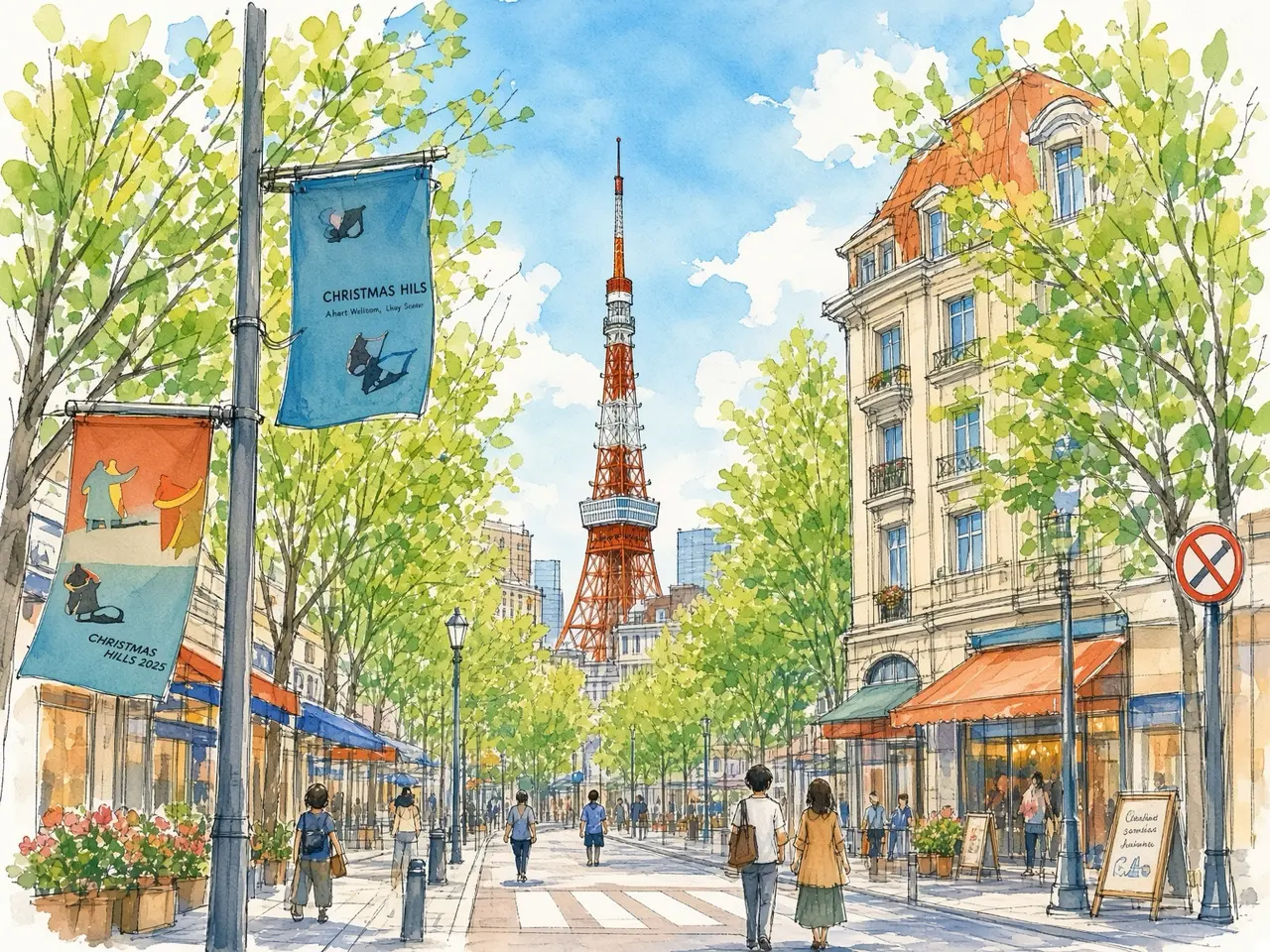 緑の街路と東京タワー — 撮影写真をもとにAIで水彩画調へ再構成