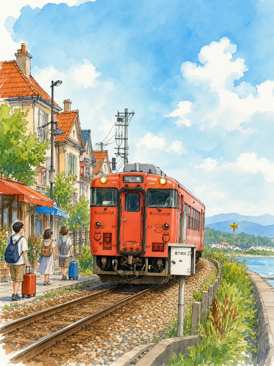 海辺を走る赤い列車 — 撮影写真をもとにAIで水彩画調へ再構成