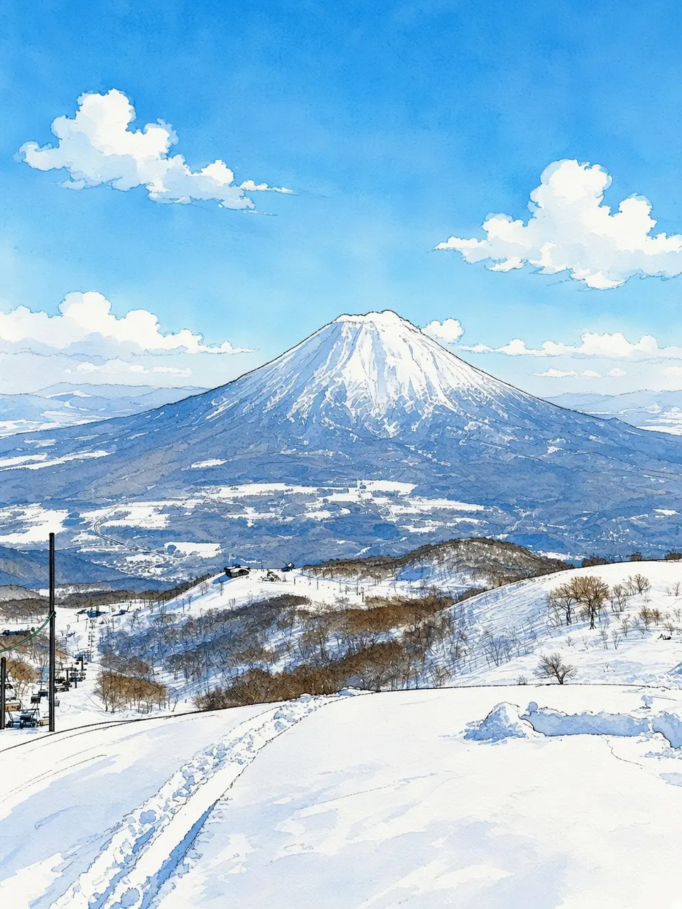 雪原の向こうの峰 — 撮影写真をもとにAIで水彩画調へ再構成