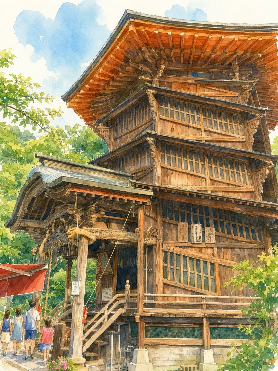 時を重ねる木の塔 — 撮影写真をもとにAIで水彩画調へ再構成