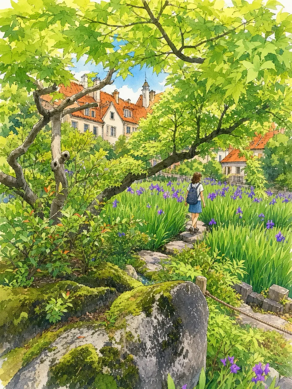 木漏れ日の花園 — 撮影写真をもとにAIで水彩画調へ再構成