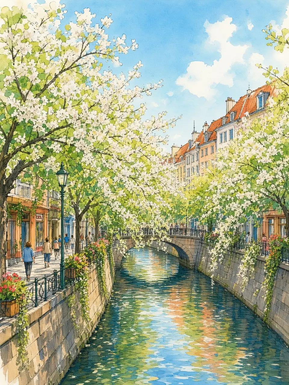 花咲く運河の小径 — 撮影写真をもとにAIで水彩画調へ再構成