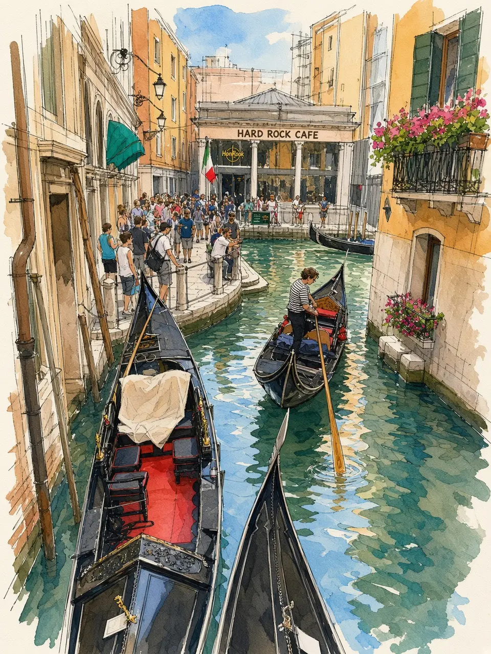 ゴンドラの水路 — 撮影写真をもとにAIで水彩画調へ再構成