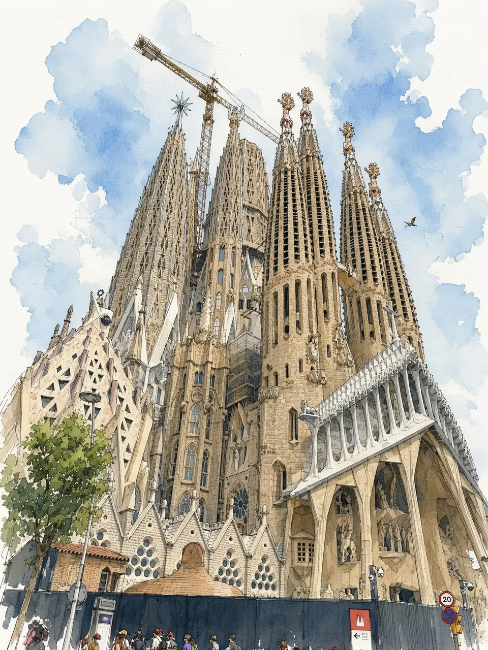 空へ伸びるサグラダ・ファミリア — 撮影写真をもとにAIで水彩画調へ再構成