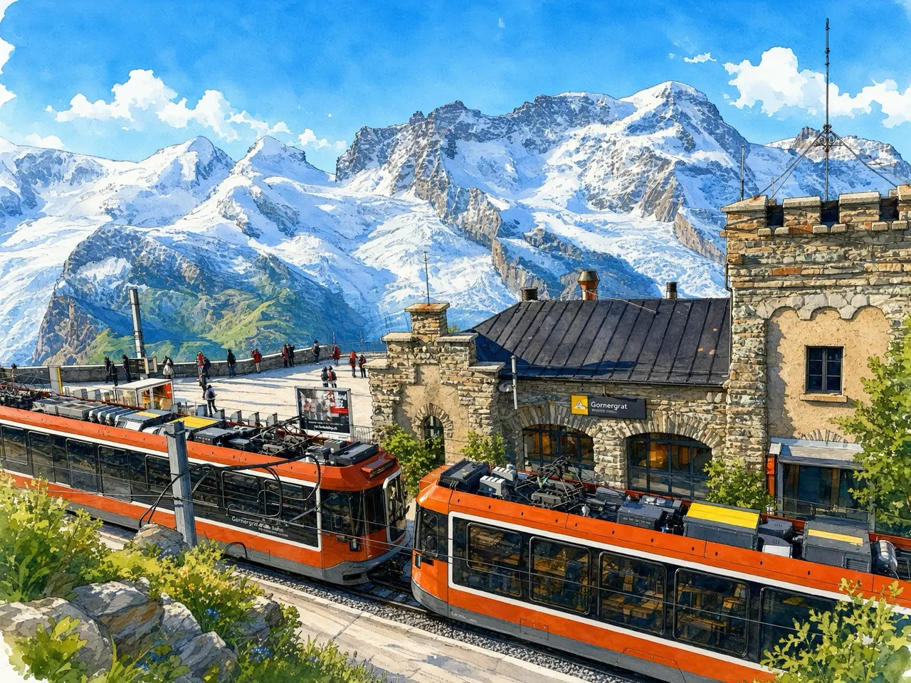 アルプスを走る赤い列車 — 撮影写真をもとにAIで水彩画調へ再構成