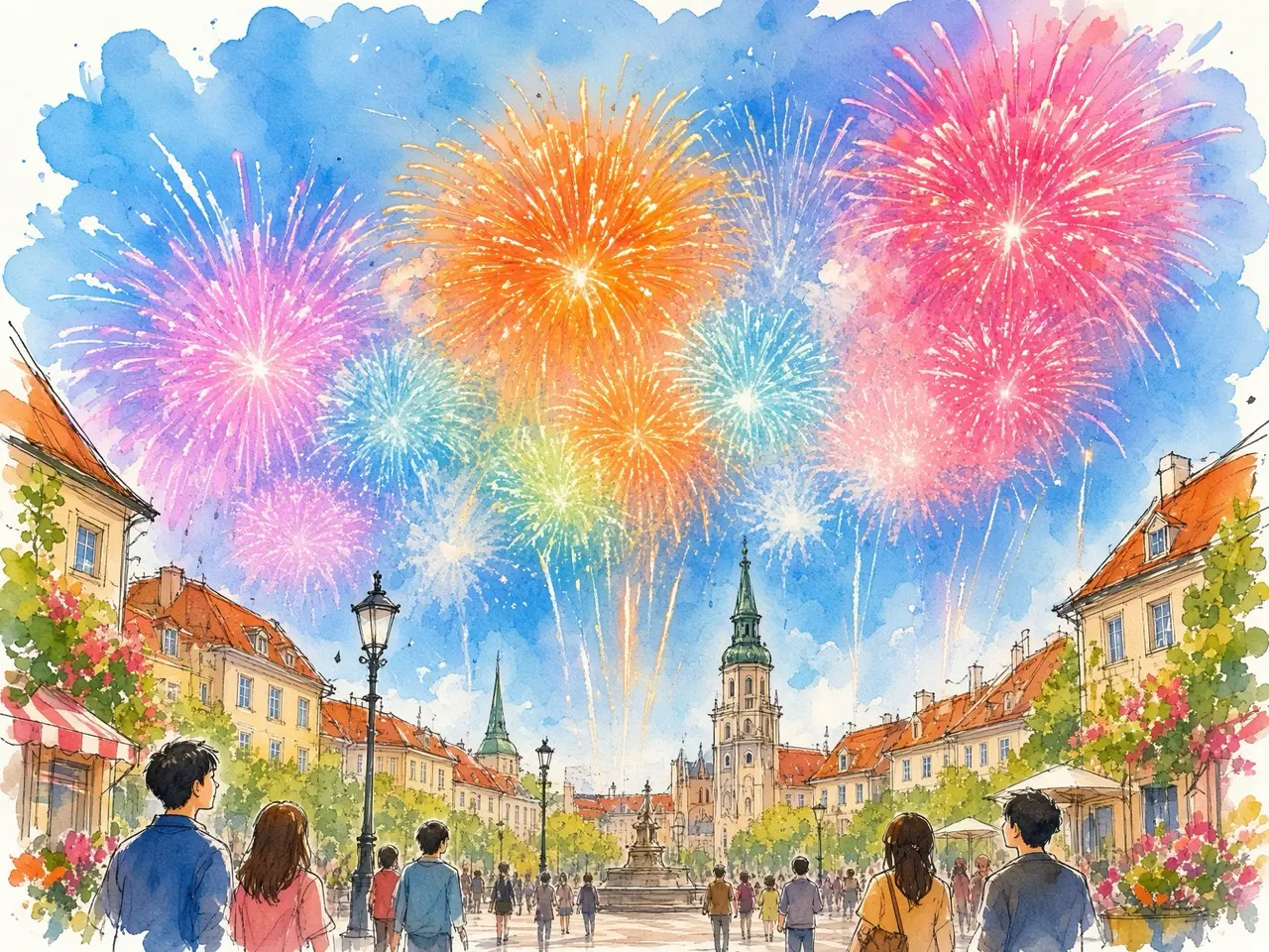 祝祭の夜空 — 撮影写真をもとにAIで水彩画調へ再構成