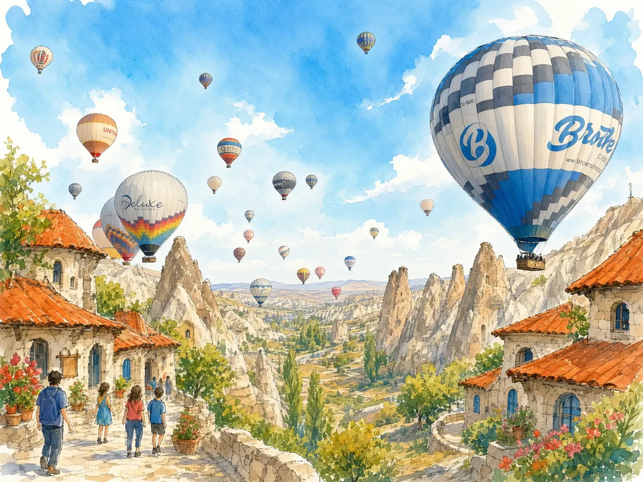 空に舞うカッパドキア — 撮影写真をもとにAIで水彩画調へ再構成