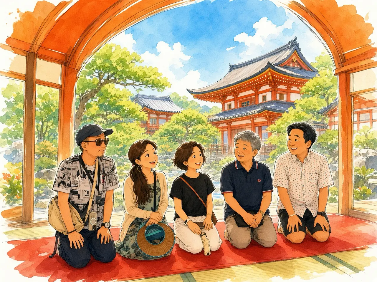 古都で笑う仲間たち — 撮影写真をもとにAIで水彩画調へ再構成
