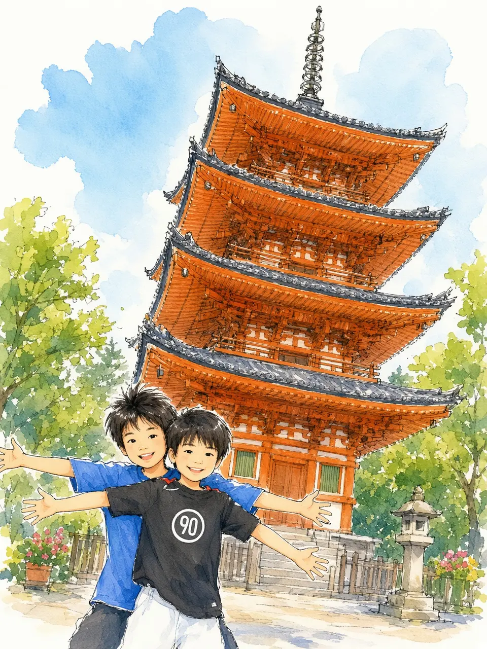 五重塔と少年たち — 撮影写真をもとにAIで水彩画調へ再構成
