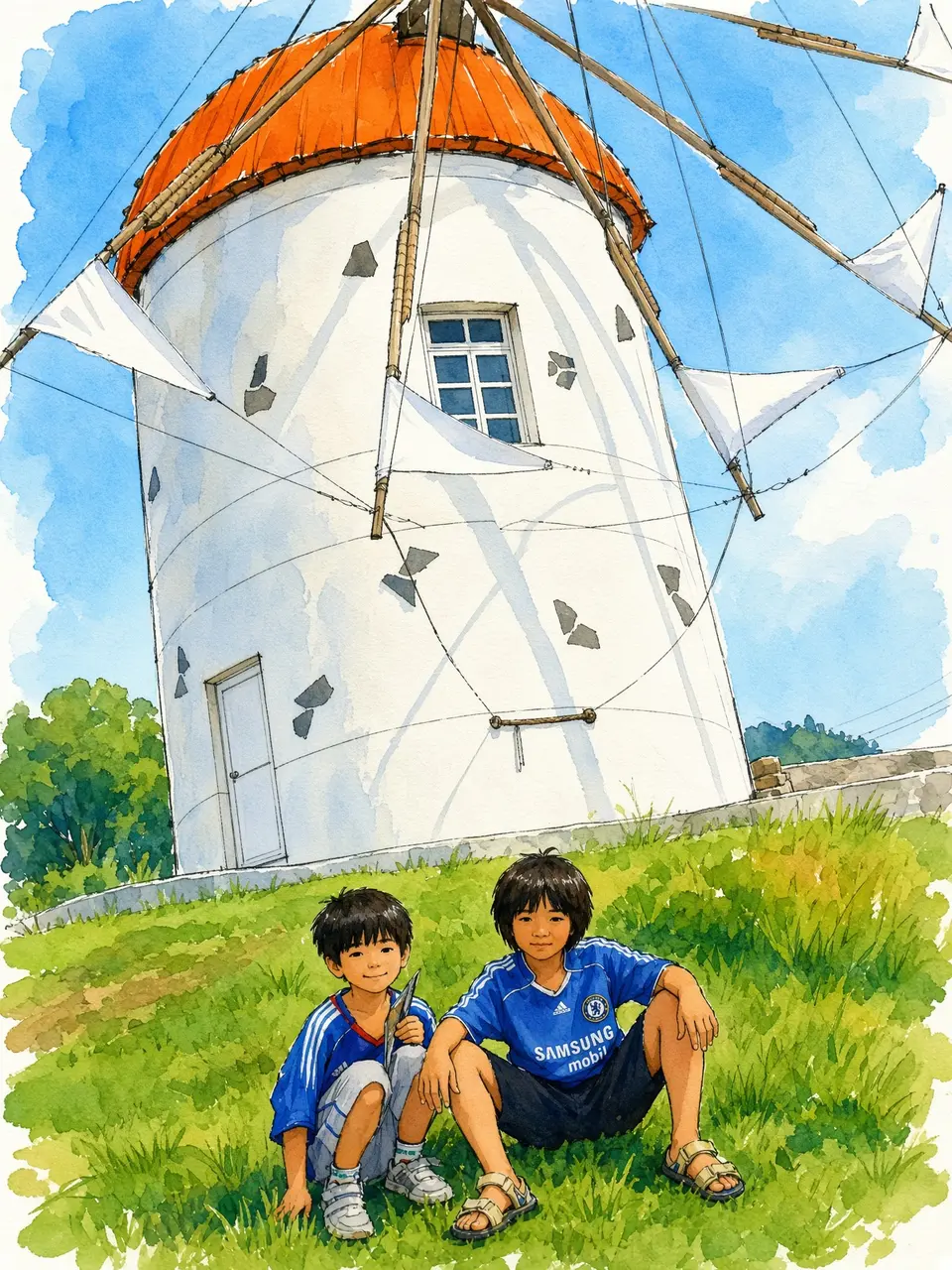 風車の丘の夏休み — 撮影写真をもとにAIで水彩画調へ再構成