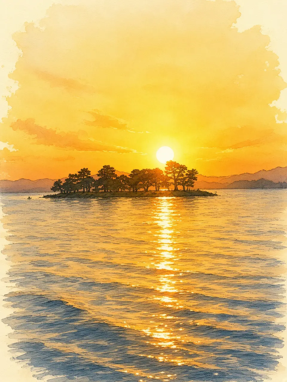 水面を染める夕陽 — 撮影写真をもとにAIで水彩画調へ再構成