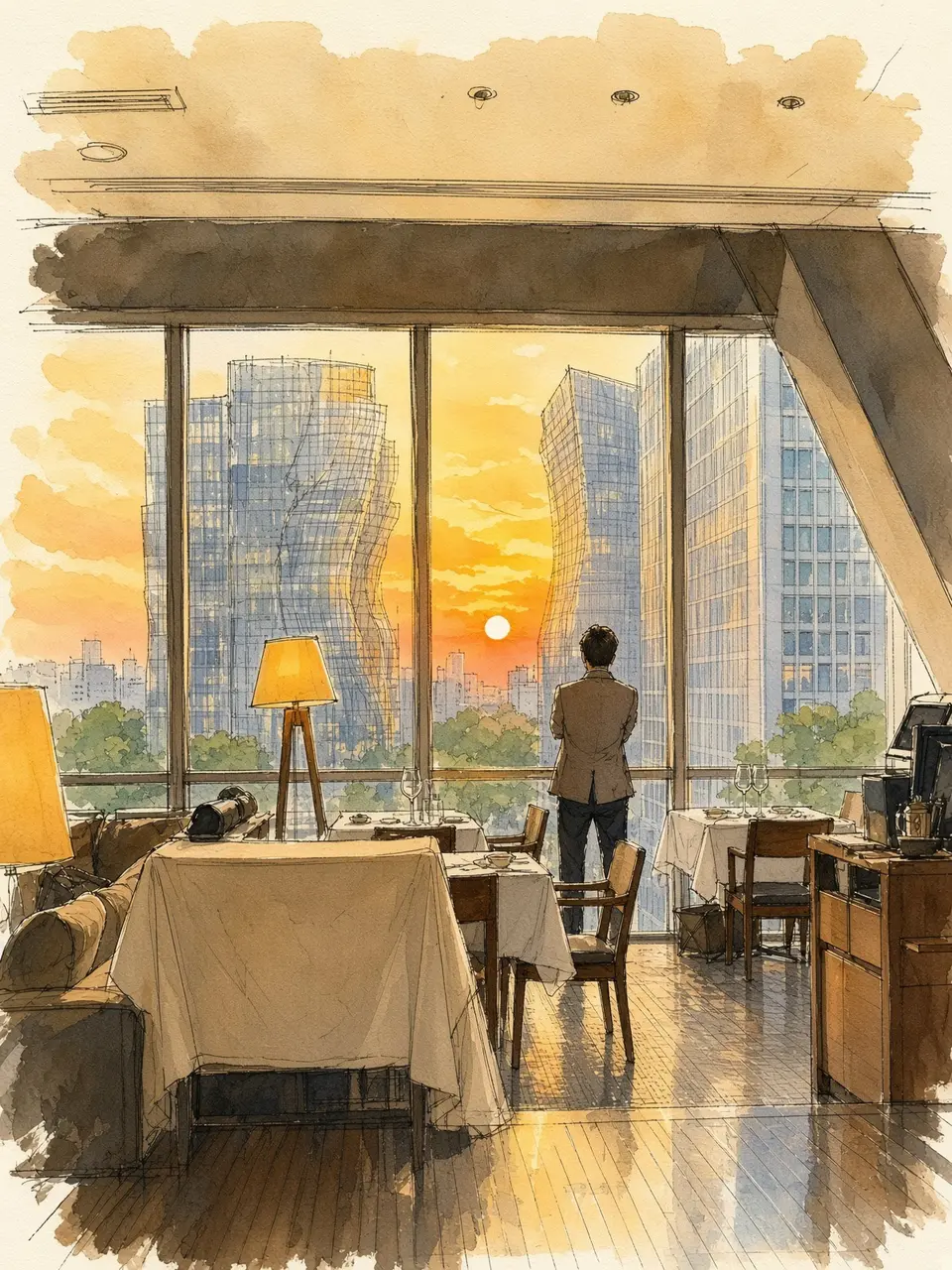 窓辺に沈む夕陽 — 撮影写真をもとにAIで水彩画調へ再構成