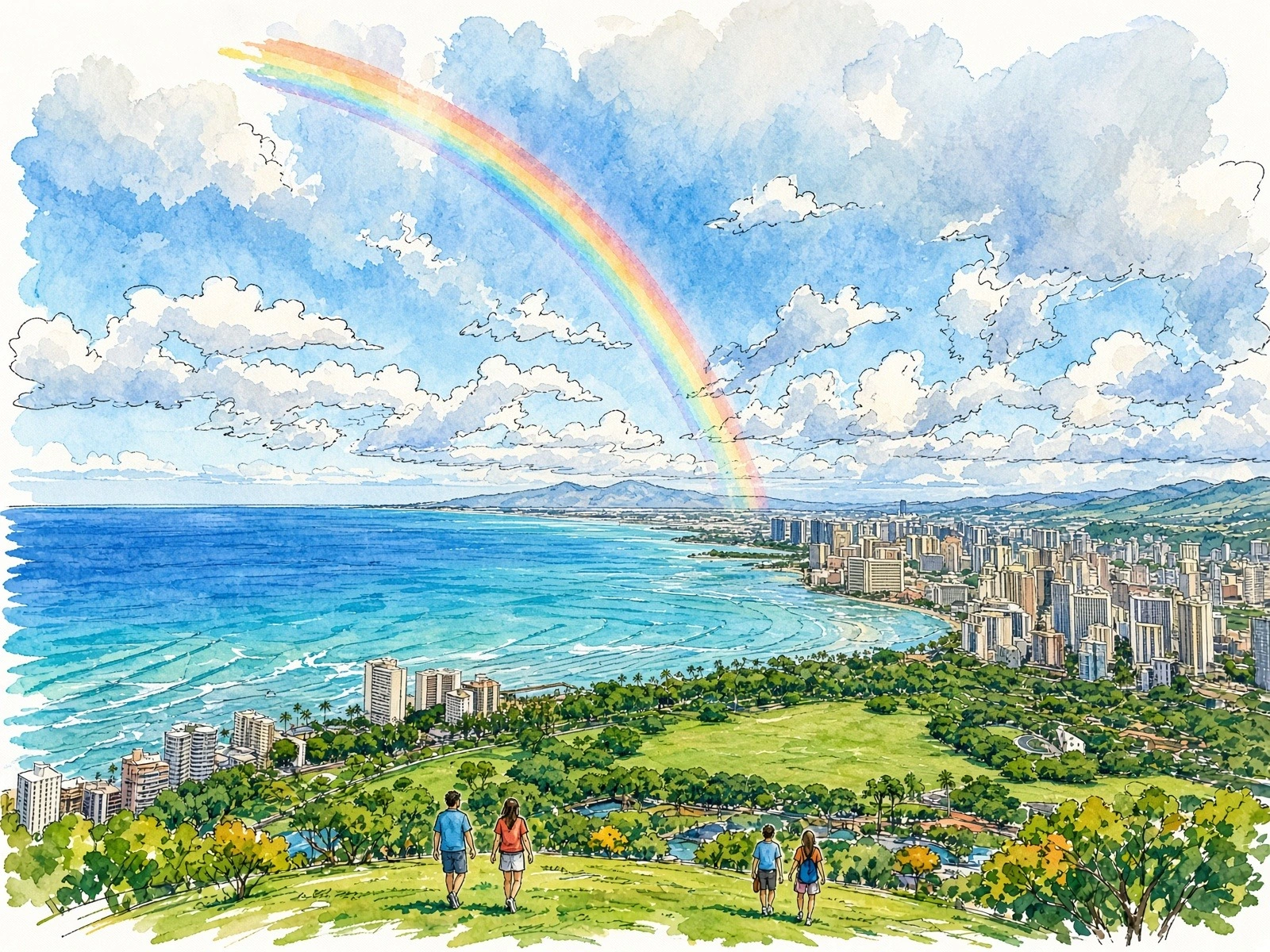虹がかかるワイキキの海 — 撮影写真をもとにAIで水彩画調へ再構成