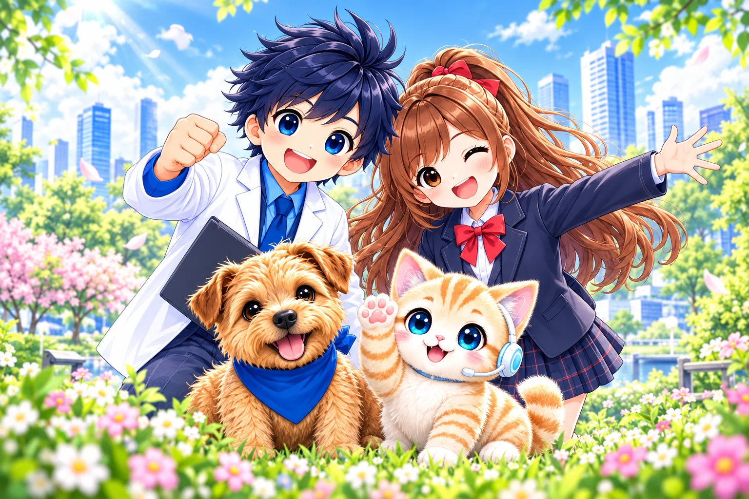 青空の街と花に囲まれ、男の子・女の子・犬・猫が未来へ案内するイラスト