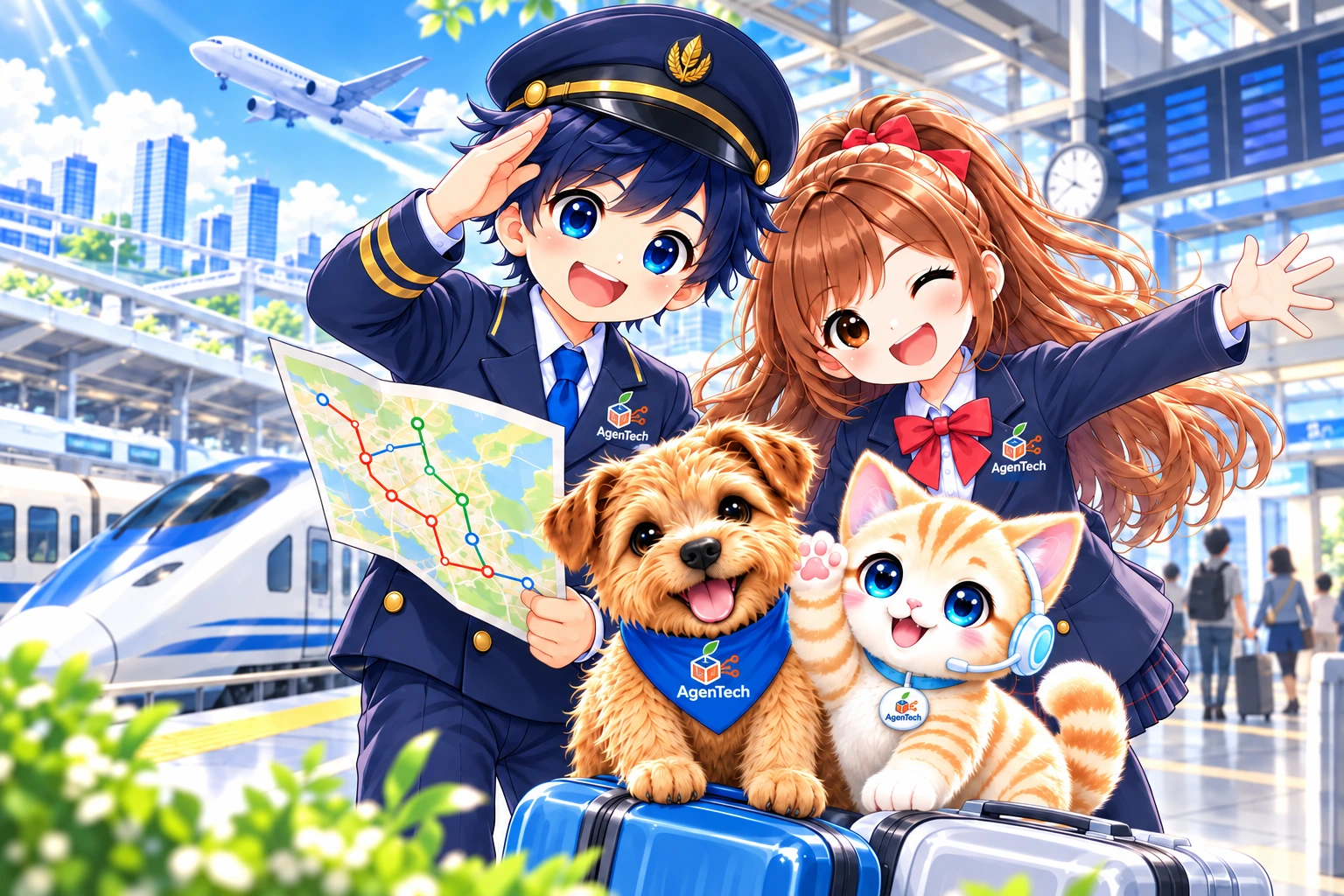 左上のAgenと右上のAImyが、手前左の犬のPhilia、手前右のねこのAIにゃんと、駅で旅の出発を案内しています。