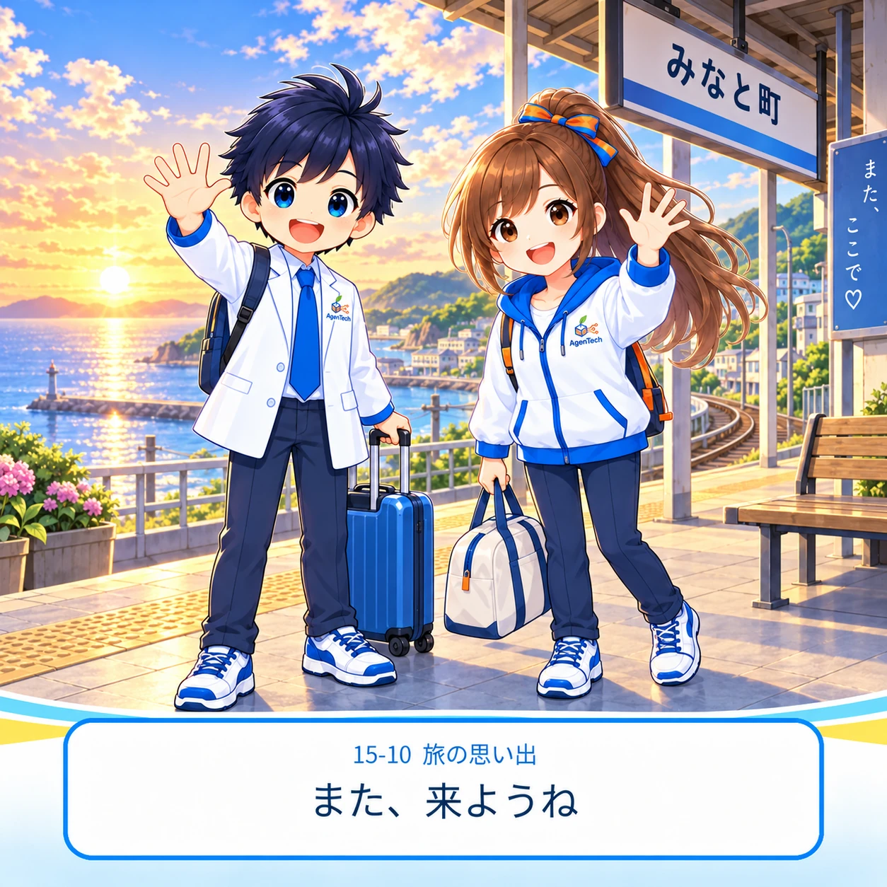旅・おでかけ編:夕焼けの駅で手を振るエージェンとAImy